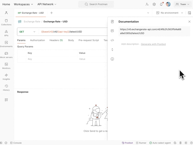 Postbot instant documentation. Gif.