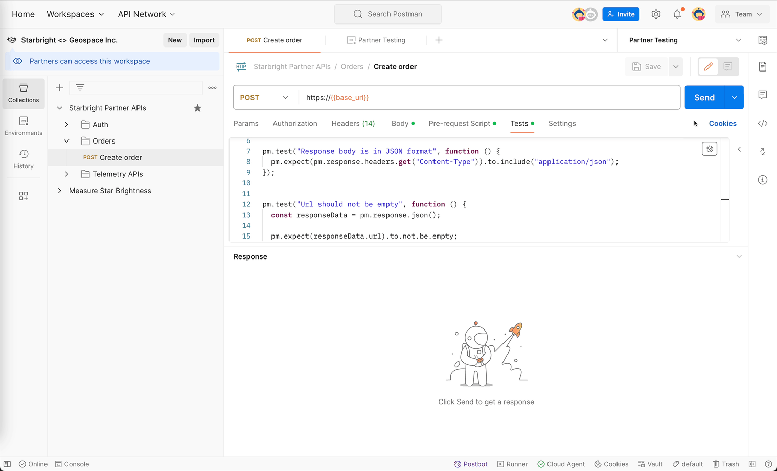 Postman partner workspace onboarding experience. Gif.