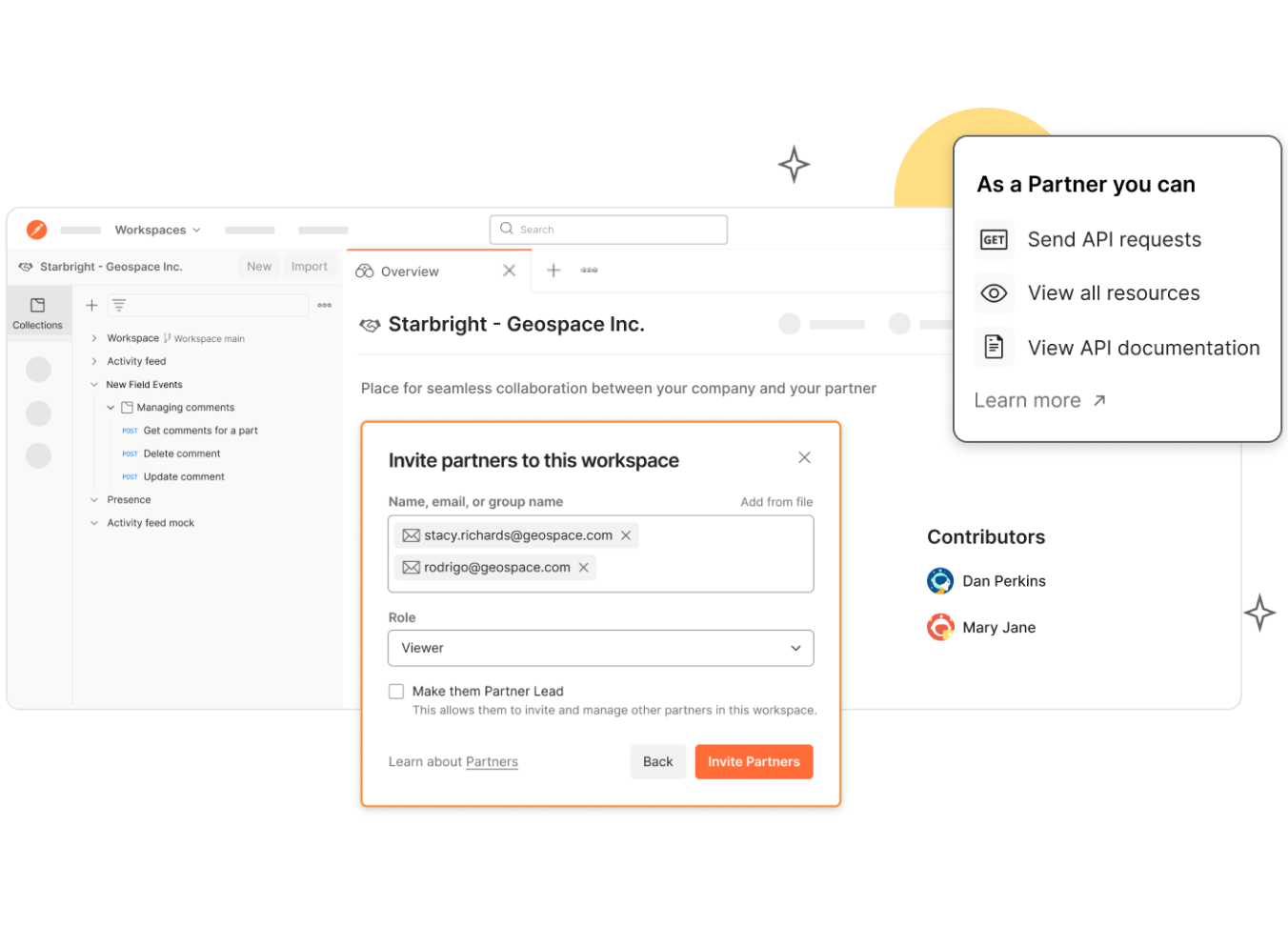Postman partner workspace workflows. Illustration.