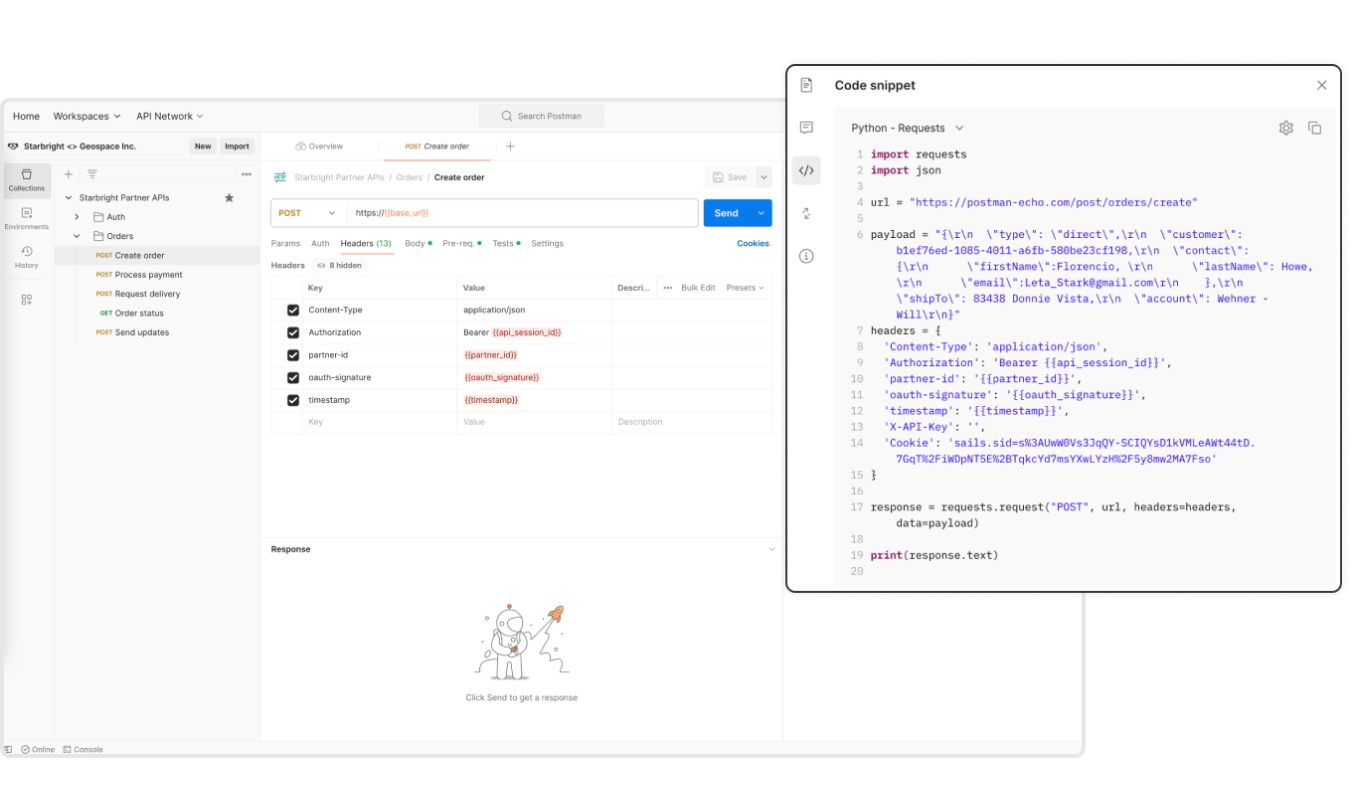Postman partner workspace integrate faster. Illustration.