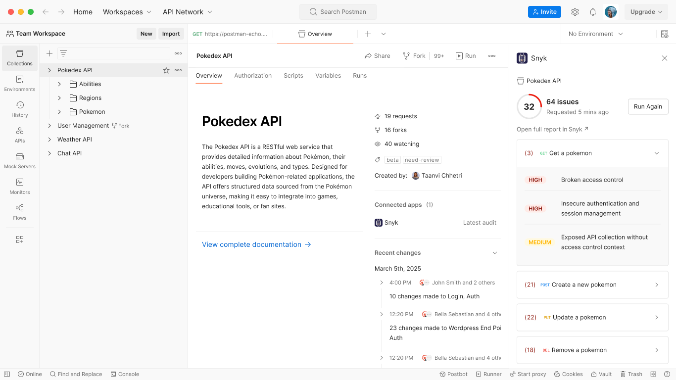 Demo of the Snyk app in Postman. Screenshot.