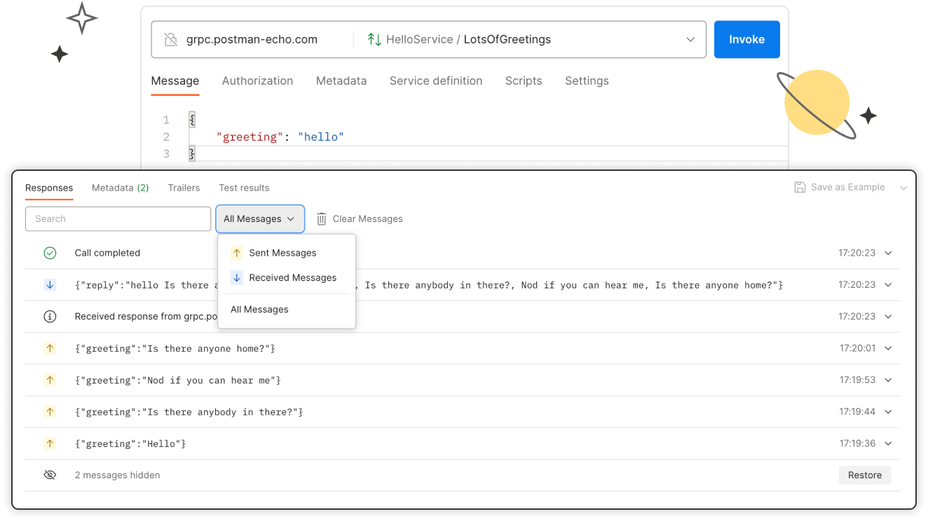 View and analyze responses in Postman. Illustration.