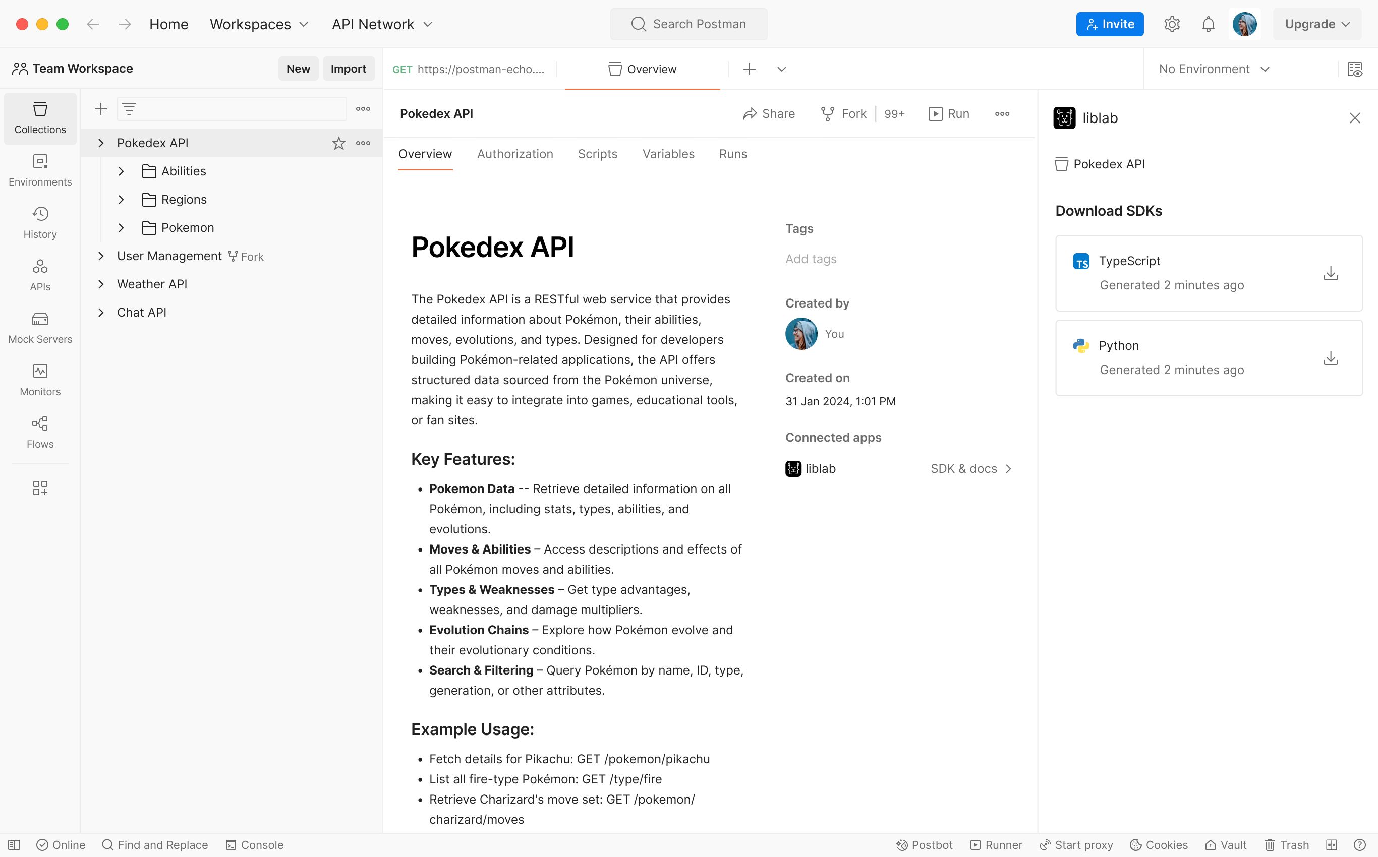 Postman SDK generation screenshot.