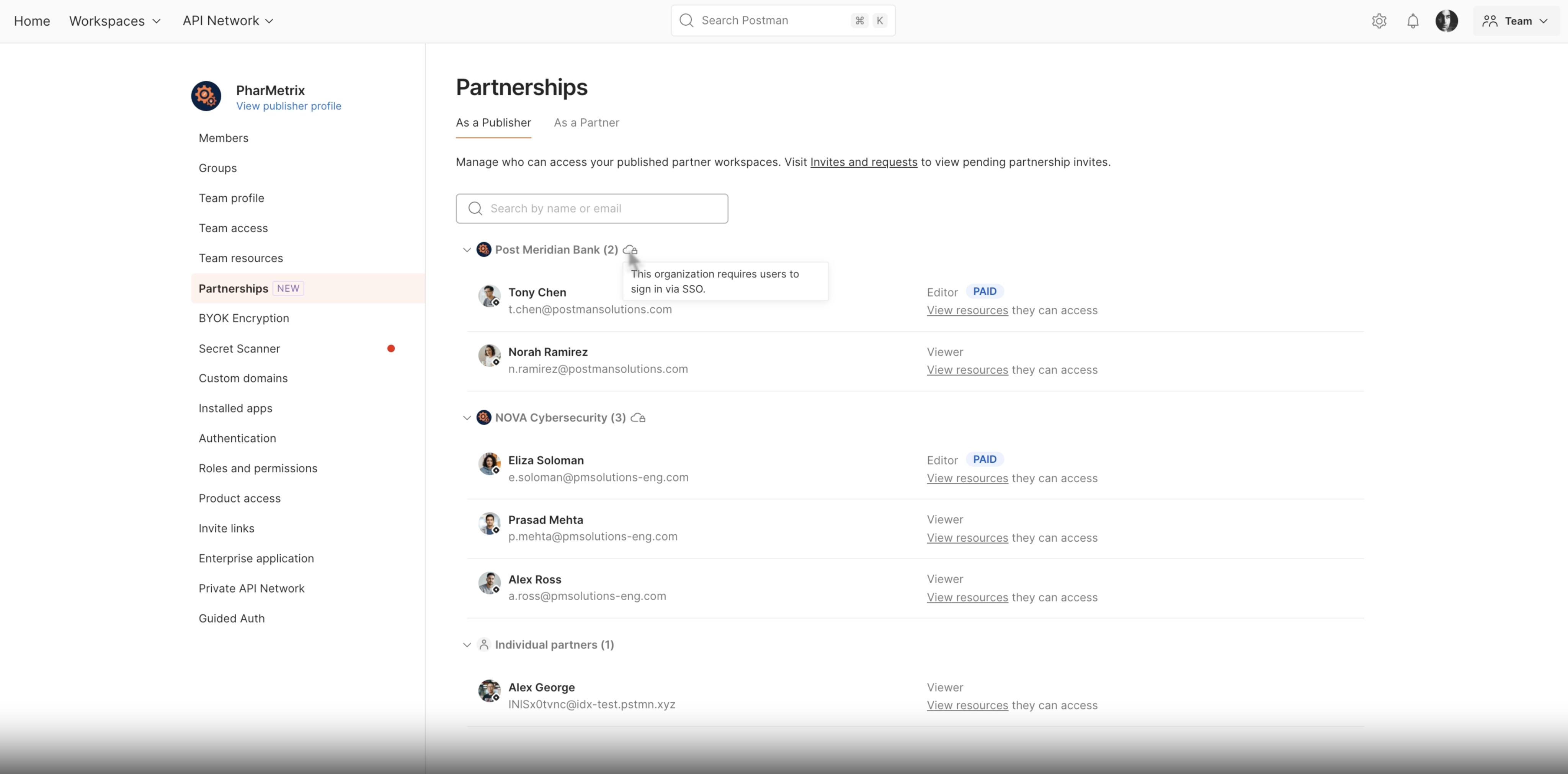 Postman partner workspace secure collaboration. Illustration.