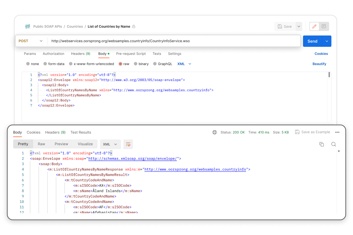 Define and save request with the SOAP client. Illustration