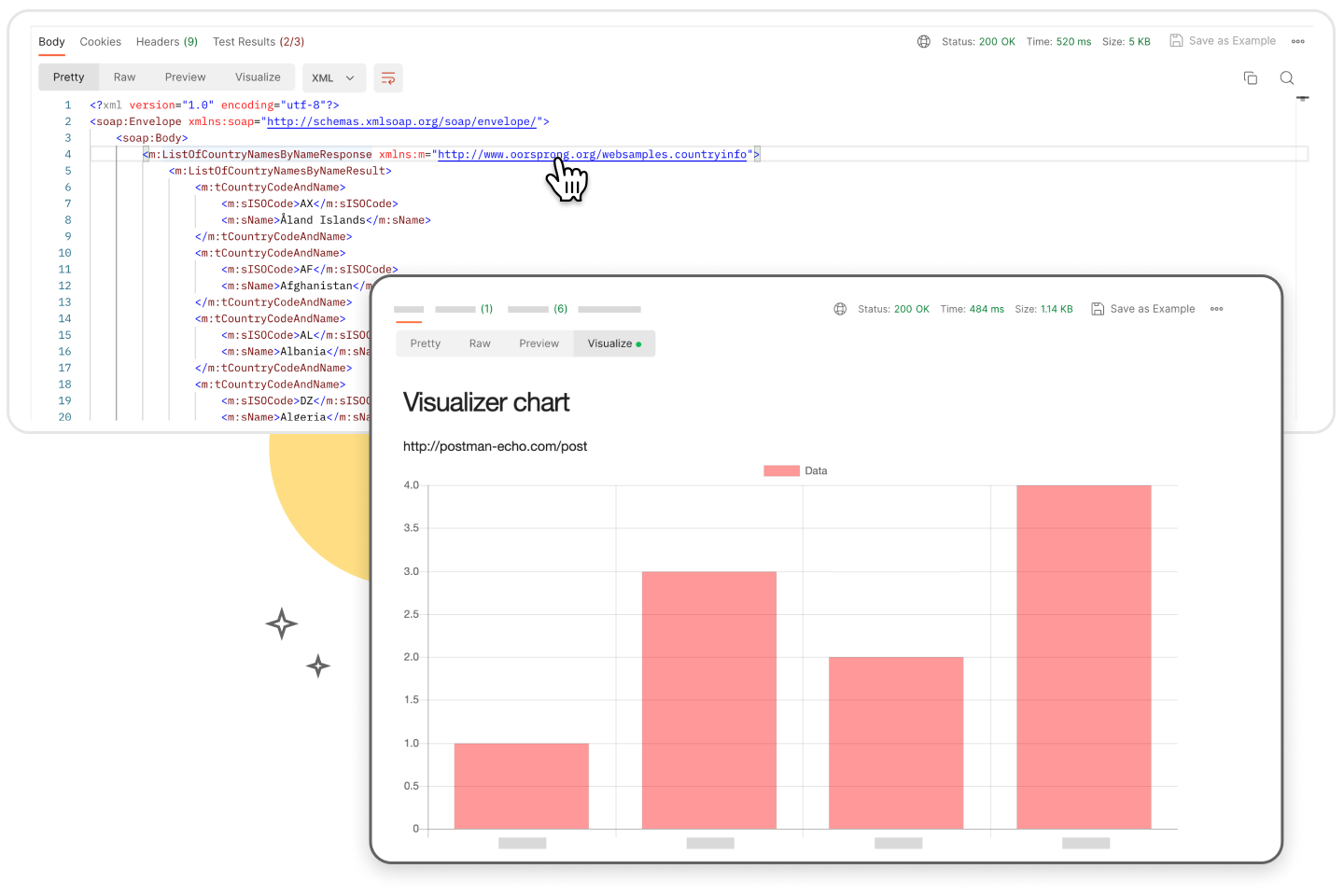 Inspect and visualize responses in Postman. Illustration.